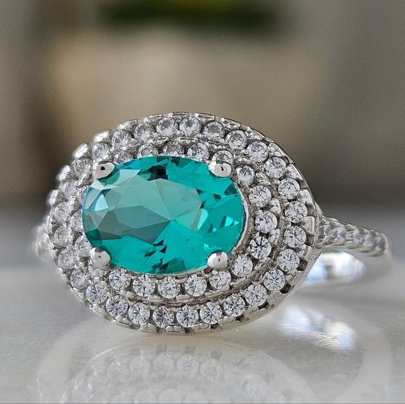 Double Halo Oval Turquoise Gemstone Ring, 925 Sterling Silver Charmed Aroma - Picture 8 of 8